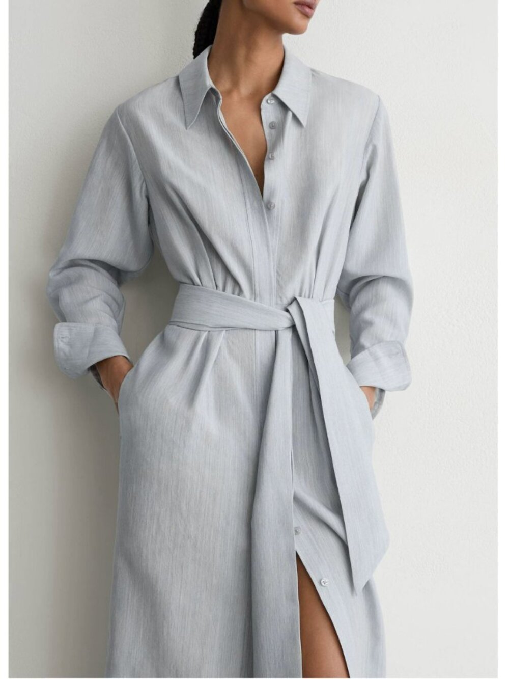 REISS Gianna Shirt Midi Dress Light Blue Modal-Blend Tie-Waist Quiet Lux - Picture 4 of 6